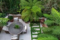 Bird's-eye view of enclosed courtyard with outdoor dining. Green and white colour scheme with Dicksonia antarctica - Tree Ferns, between paving, ferns and Soleirolia soleirolii syn. Helxine soleirolii - Mind-your-own-business