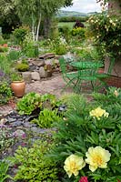 View across small patio and rockery to flower beds and countryside, in foreground Paeonia 'Bartzella' 