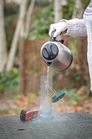 Cleaning a bird feeder using boiling water from a kettle