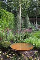 Rust effect water bowl in garden with white stemmed birch trees, Pittosporum tenuifolium 'Silver Queen', Astrantias, Sedums and Agastache - July, Cheshire