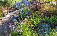 Gravel and stone path near small pond surrounded by grasses and Lychnis flos cuculi 'Terry's Pink', Caltha palustris - Marsh Marigold, Fritillaria meleagris and Camassia esculenta 'Quamash'. The Water Spout Garden 