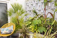 Raised bed border with green foliage perennial green foliage plants against a concrete block wall - yellow chair with cushion on patio - Defiance balcony garden. Green Living Spaces. RHS Malvern Spring Festival May 2019 - Designer: Sarah Edwards