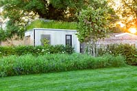 A modern garden room behind a Hornbeam hedge and wildflower border including wild carrot and purple vetch.