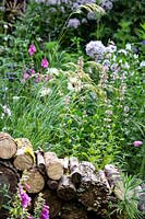 An insect and wildlife friendly log wall in front of naturalistic borders planted with perennials and ornamental grasses.