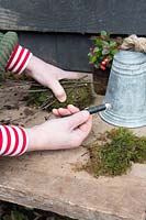 Woman wiring twigs to the moss covered floral oasis Styling by Marieke Nolsen. 