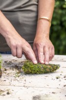Woman rolling moss into chicken wire as a tail