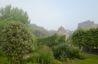 View over garden beds and pleached lime trees to dome of church on a misty morning