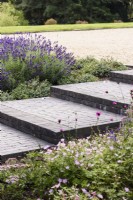 Steps of Lucca brick pavers made by Chelmer Valley, in a contemporary garden in July