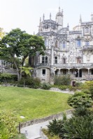 View to the palace with lawn in foreground. Sintra, near Lisbon, Portugal, September.

