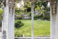 View through the Gazebo on the ornate bridge over the lower gate to the lower lawn. Sintra, near Lisbon, Portugal, September.