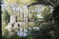 Medieval style duck castle in middle of pond. Parque da Pena, Sintra, near Lisbon, Portugal, September.