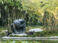 Whimsical statue of little boy kneeling by lily pond at sunset. Bamboo in background. Huntington Botanical Gardens