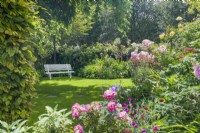 View of garden with painted wood seat, informal lawn and mixed borders. June