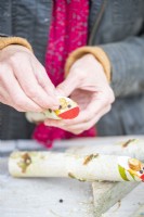 Woman fixing the thin wooden ovals and peppercorns to the sticks with glue as noses and eyes