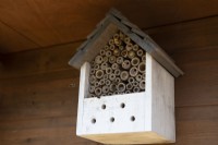 A bee hotel, set in the rafters of a summer house, attracts solitary bees.