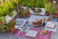 Roof terrace floor seating, carpets, cushions and containers with herbs, vegetables and flowers.