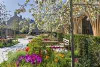 Cambridge Central Mosque garden with tulips and crab apple blossom. April