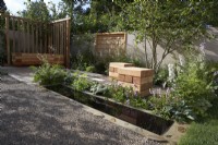 The Communication Garden. Designer: Amelia Bouquet. Water rill with  wooden cubes for seating in the gravelled area and a Corylus avellana tree. RHS Hampton Court Palace Festival 2021.