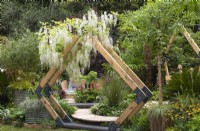 Wisteria floribunda f. alba is trained over a contemporary wooden arch, framing a view of a courtyard filled with exotic plants underplanted with flowering perennials, ferns, hostas and grasses. The Kingston Maurward Space Within Sanctuary Garden. Designer: Michelle Brown.