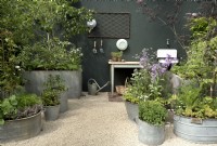 Kitchen garden planted in reclaimed galvanised metal planters with garden  sink and table.