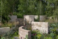 Curved rendered walls on a sloping garden, interplanted with Stipa gigantea, Rosa glauca - The Mind Garden, RHS Chelsea Flower Show 2022 - Gold Medal
