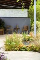 Garden with covered seating area with blue walls,  beside  pond planted with Iris 'White Swirl', Carex buchananii  with  green and  bronze planting  - SSAFA Sanctuary Garden. Designer: Amanda Waring