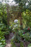 Trellis with garden decoration and potted plants