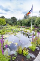 Overview of garden with pond in foreground