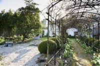 Country garden in March with an Agriframes pergola and decorative metal horse