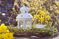 Bouquet of daffodils and Cornelian cherry branches.