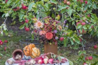 Autumn bouquet of flowers arranged in pottery vase on grey table in orchard - Dahlias, Asters, Sedum, blackberries and Hawthorn - with squashes, apples, bulbs and Amaranthus