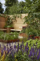 'Lunch Break Garden'. Seating area with contemporary wooden  fencing and Corten steel planters. RHS Hampton Court Palace Garden Festival, London, July 2022 - Best in Show Get Started Gardens - Designer: Inspired Earth Design