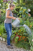 Woman watering vegetables with organic liquid fertiliser.