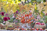 Outdoor table arrangement including basket of harvested apples, bunch of dried honesty and chinese lanterns and chestnuts. Above are autumnal fern leaves hung on to string by pegs.