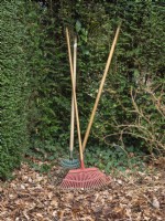 Tools for sweeping up leaves to clear ground in spring