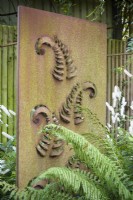 Fern panel by Neil Losock of Dragonswood Forge at John Massey's garden in October.