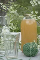 Glass and bottle with fruit juice, rope and cow parsley.