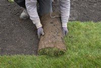 A worker laying new turf during the makeover of a London garden.