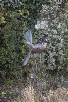 Doug 2, a bird sculpture on an old wooden tool handle. Made by Michael Kusz out of recycled metal. February. 