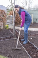 Woman using a rake to level out the soil outside of the path
