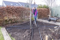 Woman using a rake to level out all of the soil in between the planks