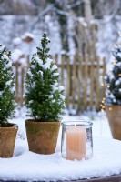 Table arrangement of Picea glauca 'Conica' in a ceramic pot  surrounded by snow and a candle with view into the snow covered garden