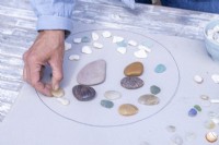 Woman using the circle on the card as a guide to lay out stone pattern