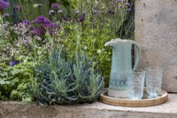 Drinks in the garden, a jug and glasses on a tray.  Plants included: Senecio mandraliscae, Saxifraga  urbium and Allium schoenoprasum - Chives. The Shifting Garden, Designers: The Chelsea Gardener.