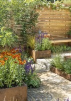 Terrace garden enclosed by fence, with square containers of perennials alongside path, summer July
