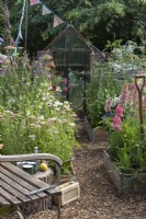 A recycled greenhouse overlooks a cutting patch with raised beds planted with flowers such as snapdragons, foxgloves, cosmos, Baltic parsley, achillea and nicotiana.