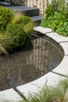 Curved white paving creating an edge around shallow garden pool