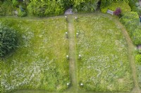 View over meadow with formal avenue of cut grass lined with wooden posts topped with stainless steel globes. June. Summer. Image taken with drone. 