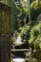 A narrow path leading toward an inscribed stone in an August garden