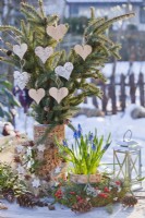 Outdoor winter arrangement with wreath, potted muscari and spruce branches decorated with wooden hearts.